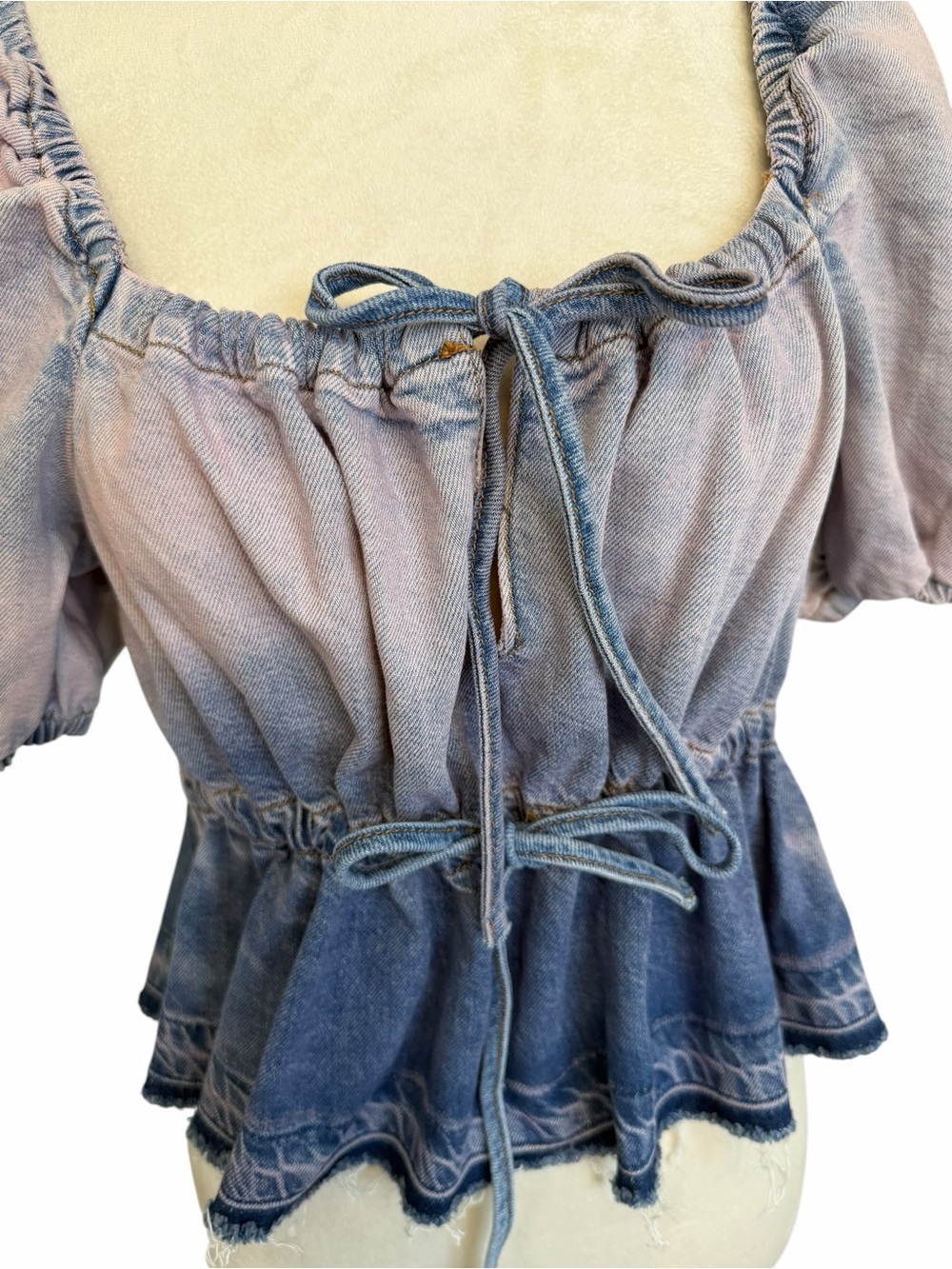 Ganni Lavender-Blue Denim Top with Contrast Stitching - Picture 8 of 10